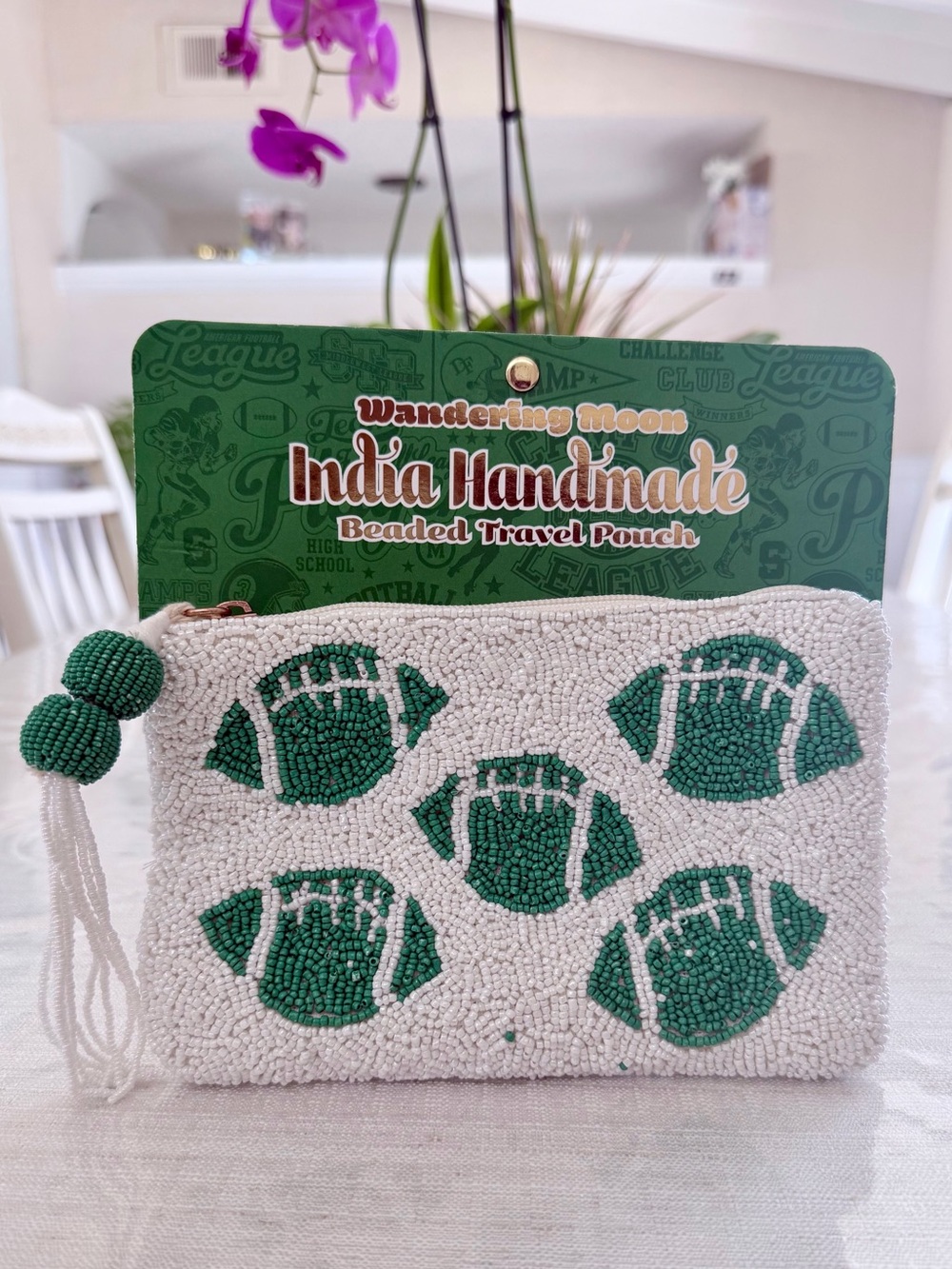 Wandering Moon Beaded Travel Pouch with Green Football Design